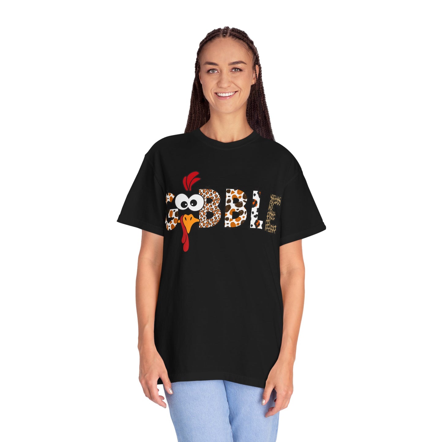 Gobble Turkey Graphic T-shirt | Thanksgiving Turkey Shirt, Leopard Print Letters
