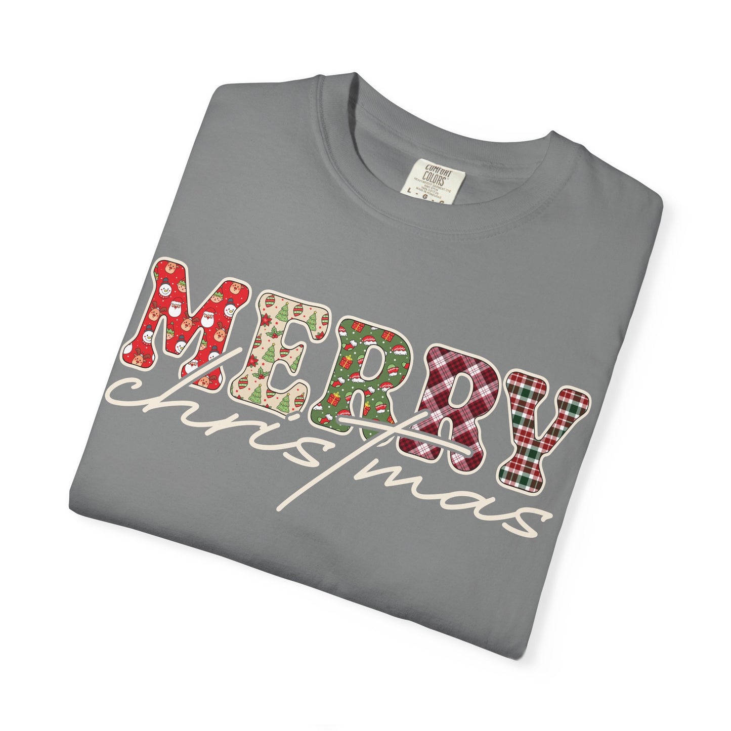 Plaid "Merry" Christmas T-shirt | Cute Winter Holiday Tees | Patchwork Merry Christmas Shirt | Red and Green Plaid, Festive Crewneck