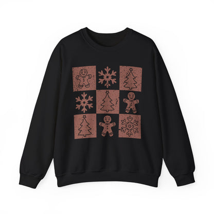 Checkered Gingerbread Sweatshirt | Retro Tree, Snowlake & Gingerbread Sweater for Men | Distressed Christmas Sweatshirt