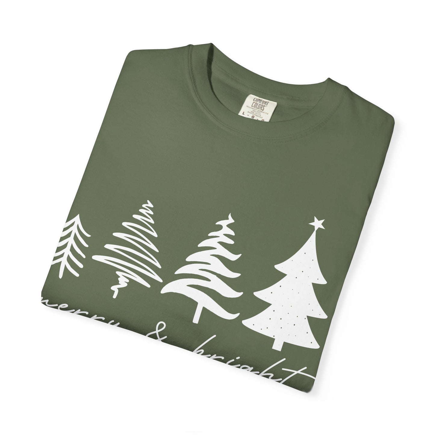 Merry & Bright Holiday Shirt | Retro Merry Christmas Holiday Tees | Xmas Winter Outfit | Christmas Trees T-shirt | Womens Festive Holiday