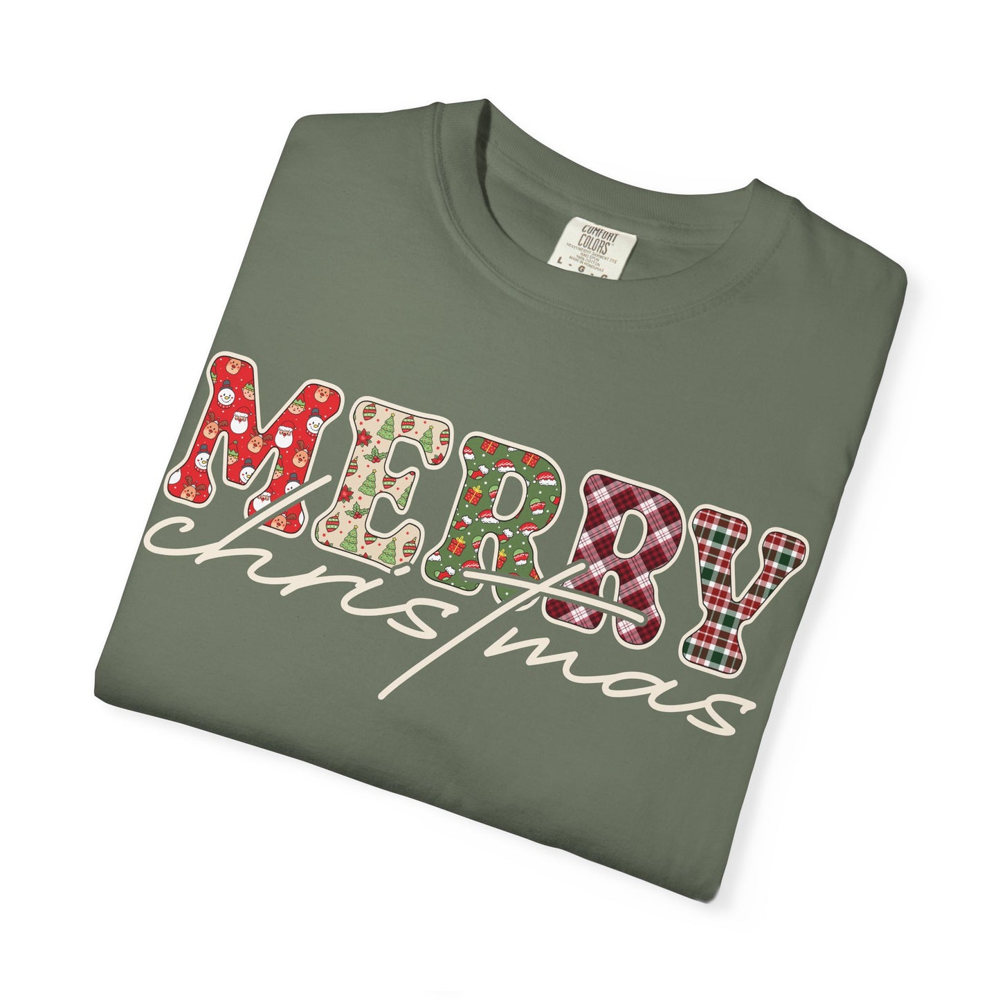 Plaid "Merry" Christmas T-shirt | Cute Winter Holiday Tees | Patchwork Merry Christmas Shirt | Red and Green Plaid, Festive Crewneck