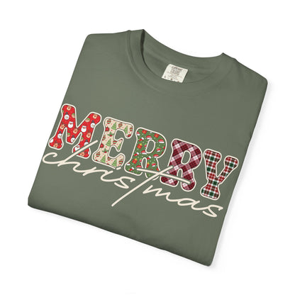 Plaid "Merry" Christmas T-shirt | Cute Winter Holiday Tees | Patchwork Merry Christmas Shirt | Red and Green Plaid, Festive Crewneck