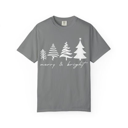 Merry & Bright Holiday Shirt | Retro Merry Christmas Holiday Tees | Xmas Winter Outfit | Christmas Trees T-shirt | Womens Festive Holiday