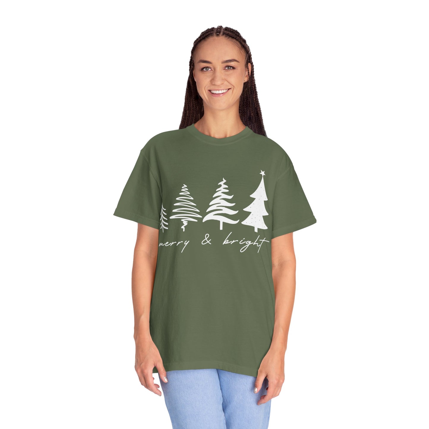 Merry & Bright Holiday Shirt | Retro Merry Christmas Holiday Tees | Xmas Winter Outfit | Christmas Trees T-shirt | Womens Festive Holiday