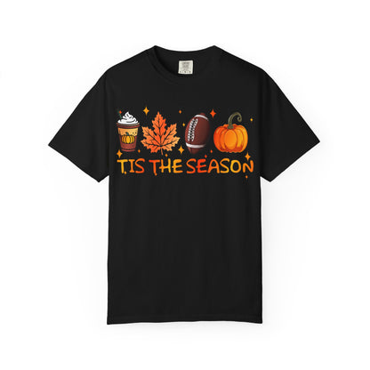 Tis The Season autumn icons T-shirt | coffee leaf football pumpkin