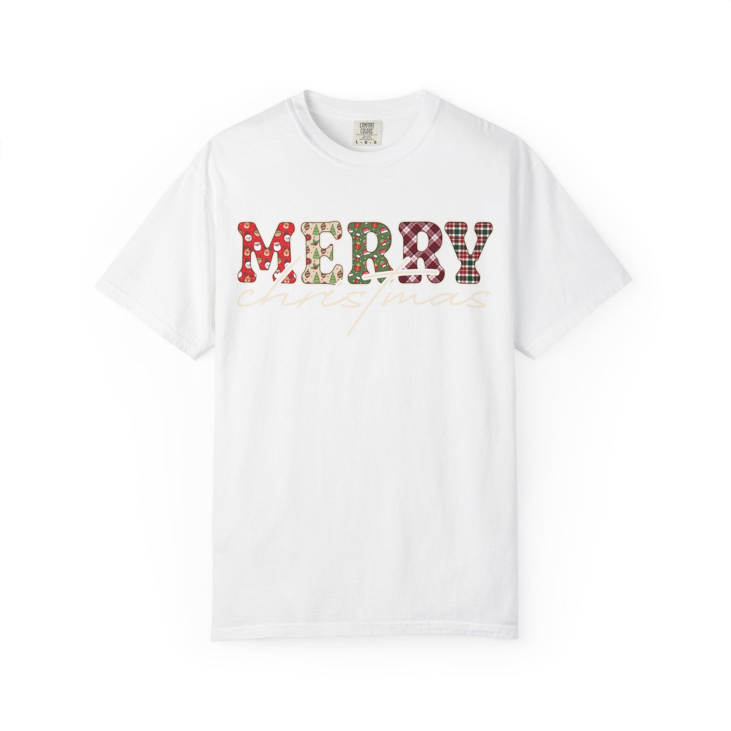 Plaid "Merry" Christmas T-shirt | Cute Winter Holiday Tees | Patchwork Merry Christmas Shirt | Red and Green Plaid, Festive Crewneck