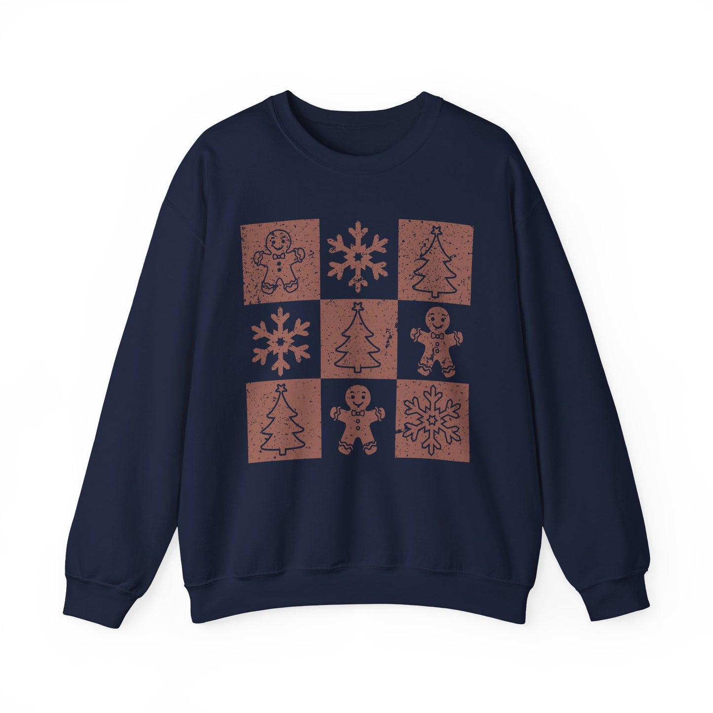 Checkered Gingerbread Sweatshirt | Retro Tree, Snowlake & Gingerbread Sweater for Men | Distressed Christmas Sweatshirt