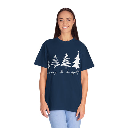 Merry & Bright Holiday Shirt | Retro Merry Christmas Holiday Tees | Xmas Winter Outfit | Christmas Trees T-shirt | Womens Festive Holiday