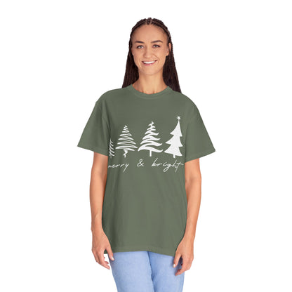Merry & Bright Holiday Shirt | Retro Merry Christmas Holiday Tees | Xmas Winter Outfit | Christmas Trees T-shirt | Womens Festive Holiday