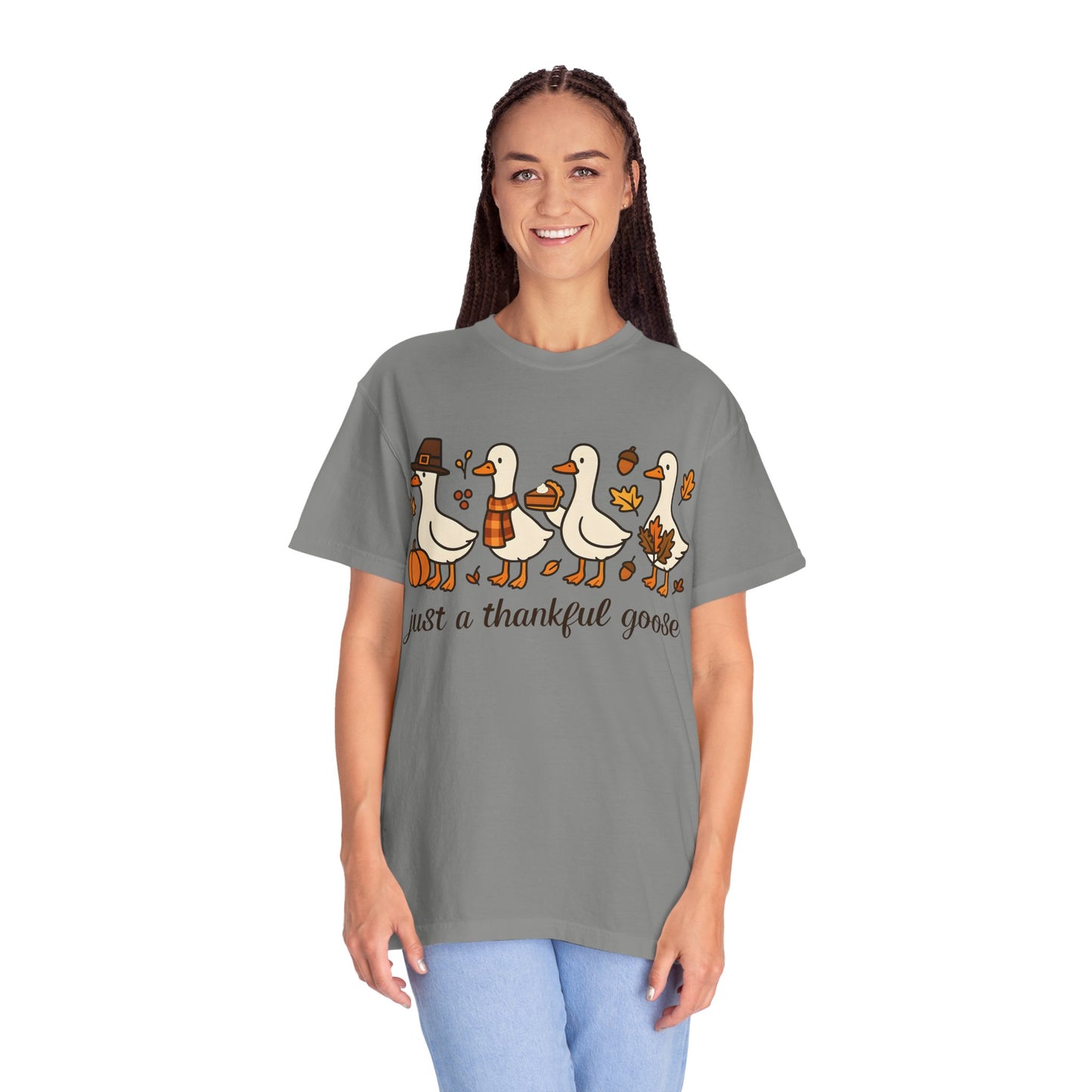 Thankful Goose Illustration T-shirt | Thanksgiving Fall Ducks Pumpkins Leaves