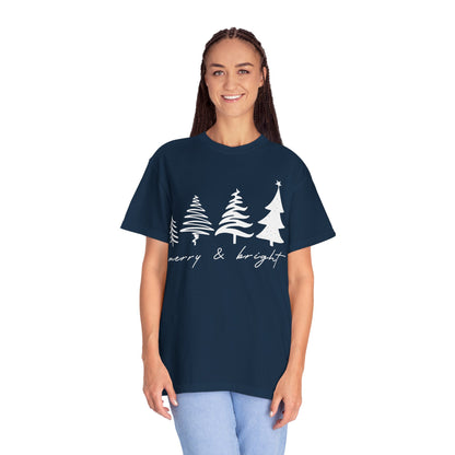 Merry & Bright Holiday Shirt | Retro Merry Christmas Holiday Tees | Xmas Winter Outfit | Christmas Trees T-shirt | Womens Festive Holiday
