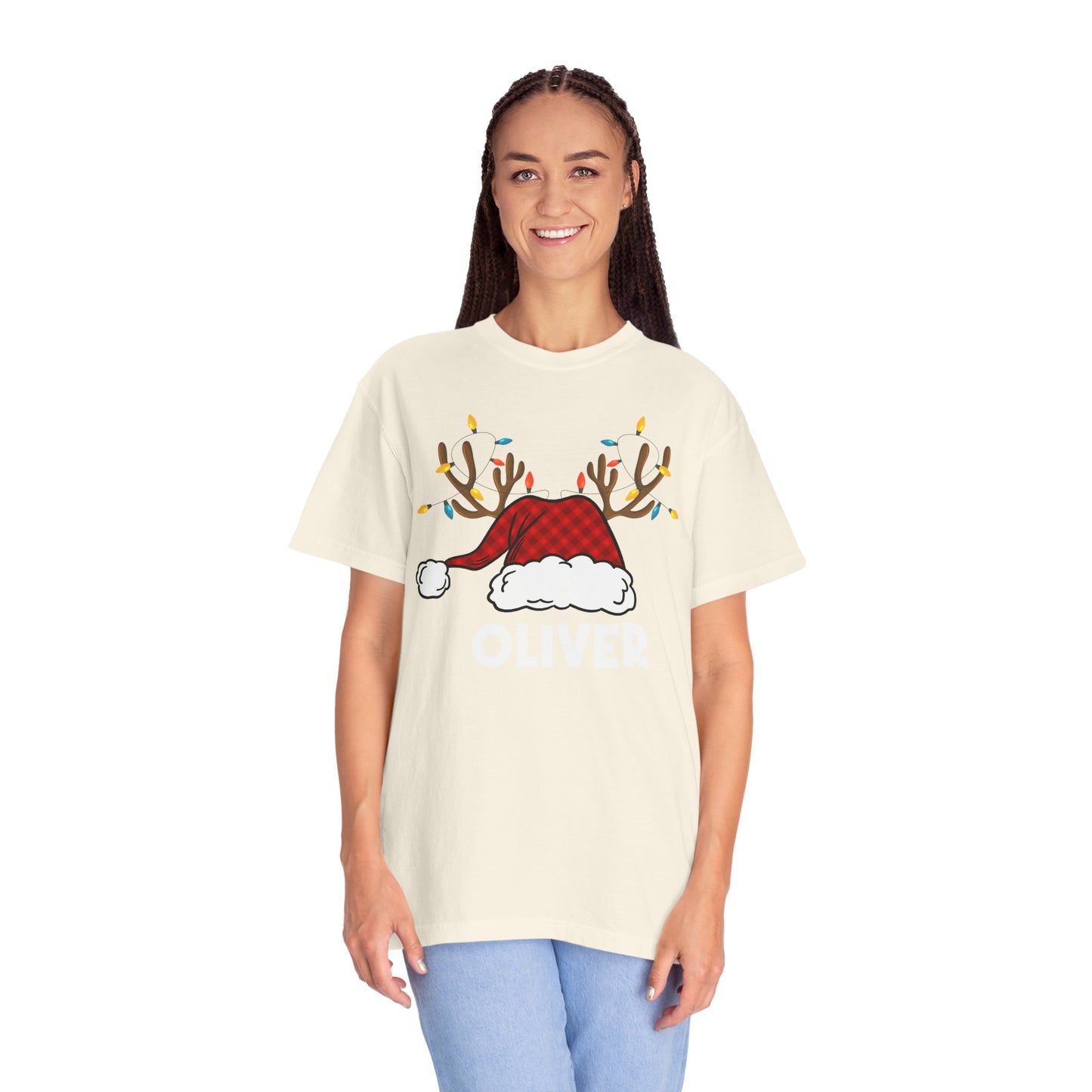 Santa Hat with Reindeer Christmas Tee | Personalized Christmas Sweatshirt | Kids Holiday Shirt | Winter Family Matching