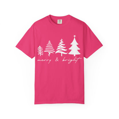 Merry & Bright Holiday Shirt | Retro Merry Christmas Holiday Tees | Xmas Winter Outfit | Christmas Trees T-shirt | Womens Festive Holiday