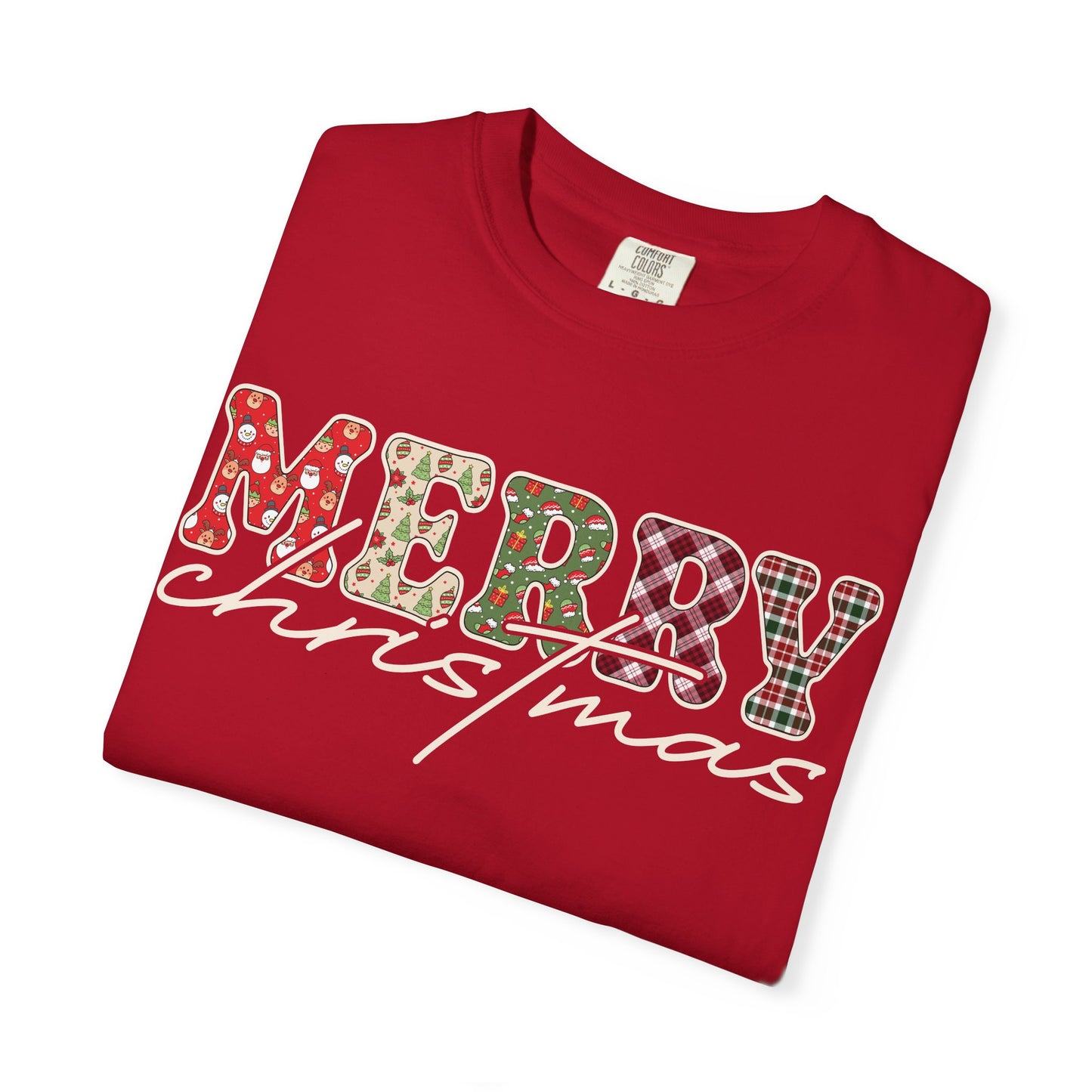 Plaid "Merry" Christmas T-shirt | Cute Winter Holiday Tees | Patchwork Merry Christmas Shirt | Red and Green Plaid, Festive Crewneck