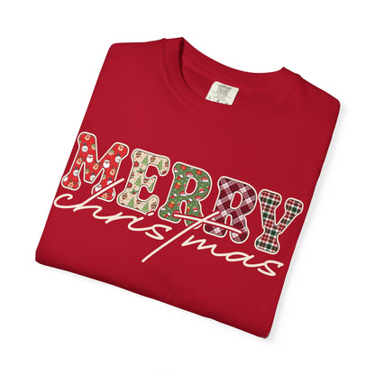 Plaid "Merry" Christmas T-shirt | Cute Winter Holiday Tees | Patchwork Merry Christmas Shirt | Red and Green Plaid, Festive Crewneck