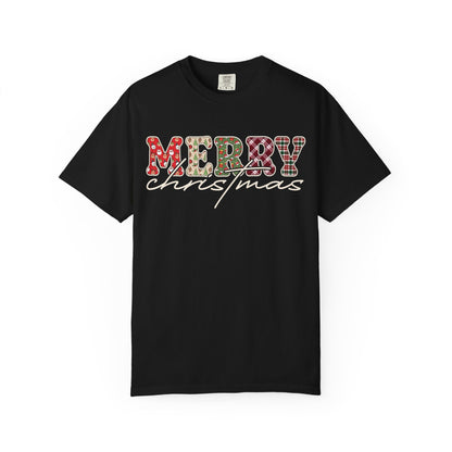 Plaid "Merry" Christmas T-shirt | Cute Winter Holiday Tees | Patchwork Merry Christmas Shirt | Red and Green Plaid, Festive Crewneck