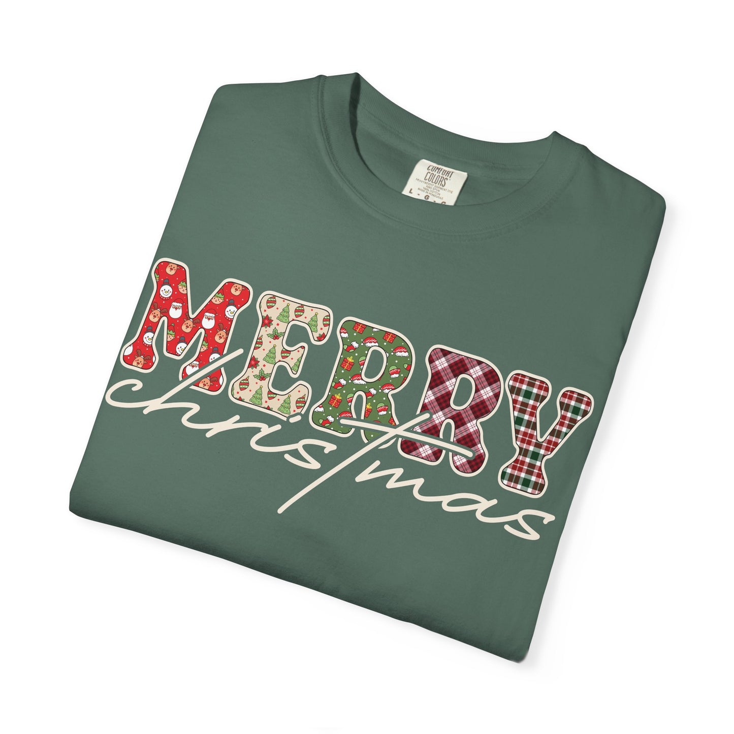Plaid "Merry" Christmas T-shirt | Cute Winter Holiday Tees | Patchwork Merry Christmas Shirt | Red and Green Plaid, Festive Crewneck