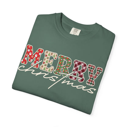 Plaid "Merry" Christmas T-shirt | Cute Winter Holiday Tees | Patchwork Merry Christmas Shirt | Red and Green Plaid, Festive Crewneck