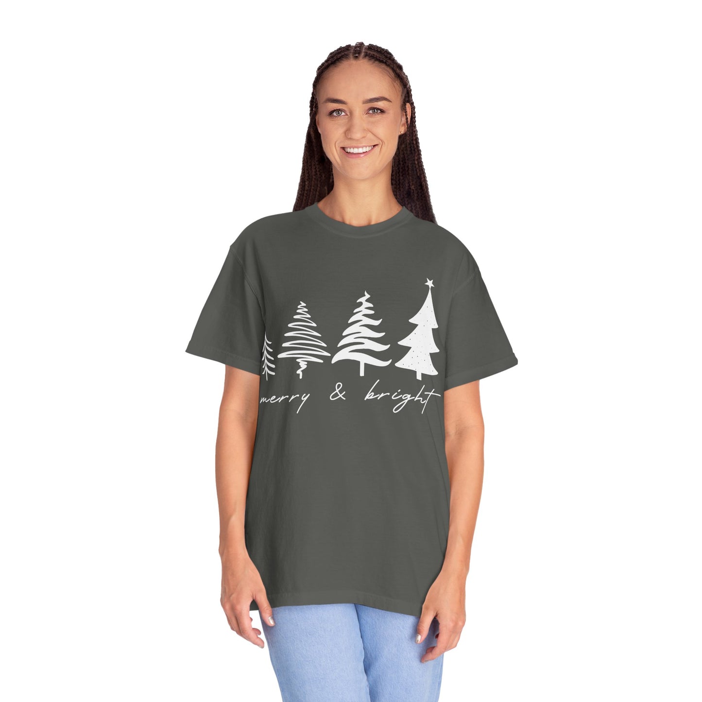 Merry & Bright Holiday Shirt | Retro Merry Christmas Holiday Tees | Xmas Winter Outfit | Christmas Trees T-shirt | Womens Festive Holiday