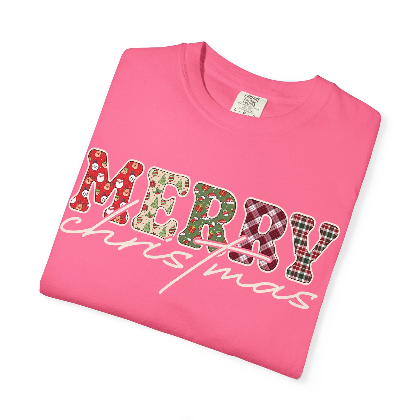 Plaid "Merry" Christmas T-shirt | Cute Winter Holiday Tees | Patchwork Merry Christmas Shirt | Red and Green Plaid, Festive Crewneck