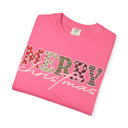 Plaid "Merry" Christmas T-shirt | Cute Winter Holiday Tees | Patchwork Merry Christmas Shirt | Red and Green Plaid, Festive Crewneck