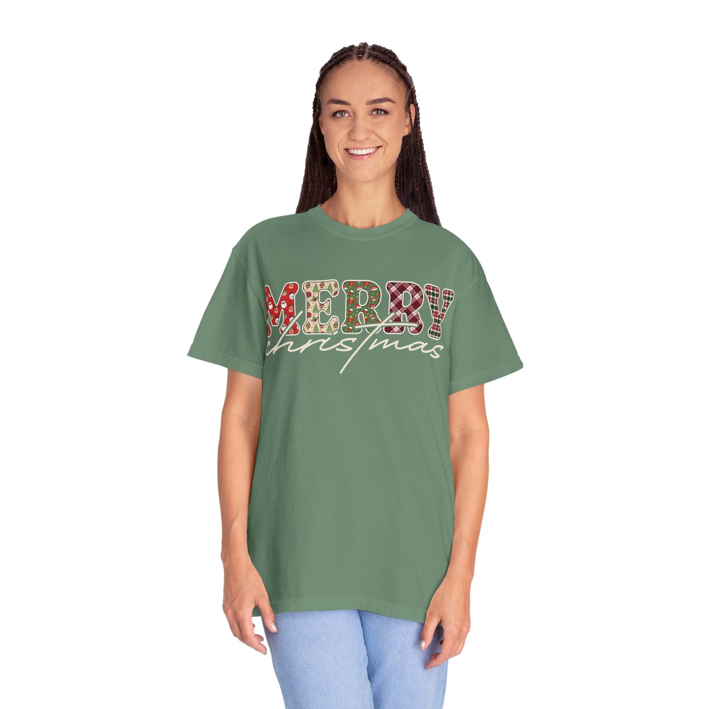 Plaid "Merry" Christmas T-shirt | Cute Winter Holiday Tees | Patchwork Merry Christmas Shirt | Red and Green Plaid, Festive Crewneck