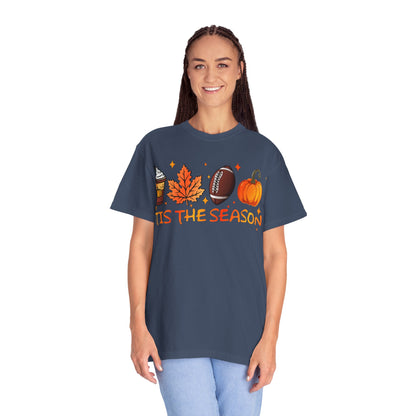 Tis The Season autumn icons T-shirt | coffee leaf football pumpkin