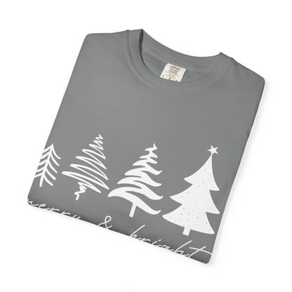 Merry & Bright Holiday Shirt | Retro Merry Christmas Holiday Tees | Xmas Winter Outfit | Christmas Trees T-shirt | Womens Festive Holiday