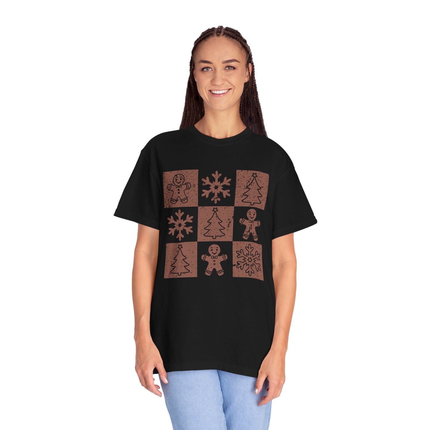 Checkered Gingerbread T-shirt | Retro Tree, Snowlake & Gingerbread tees for Women | Distressed Christmas Shirt | Funny Christmas Outfit