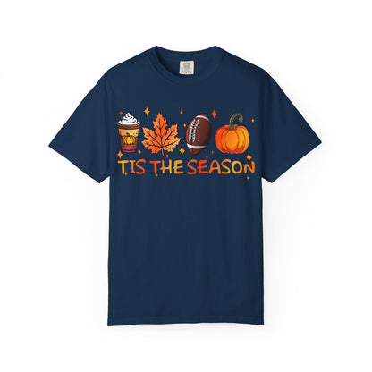 Tis The Season autumn icons T-shirt | coffee leaf football pumpkin