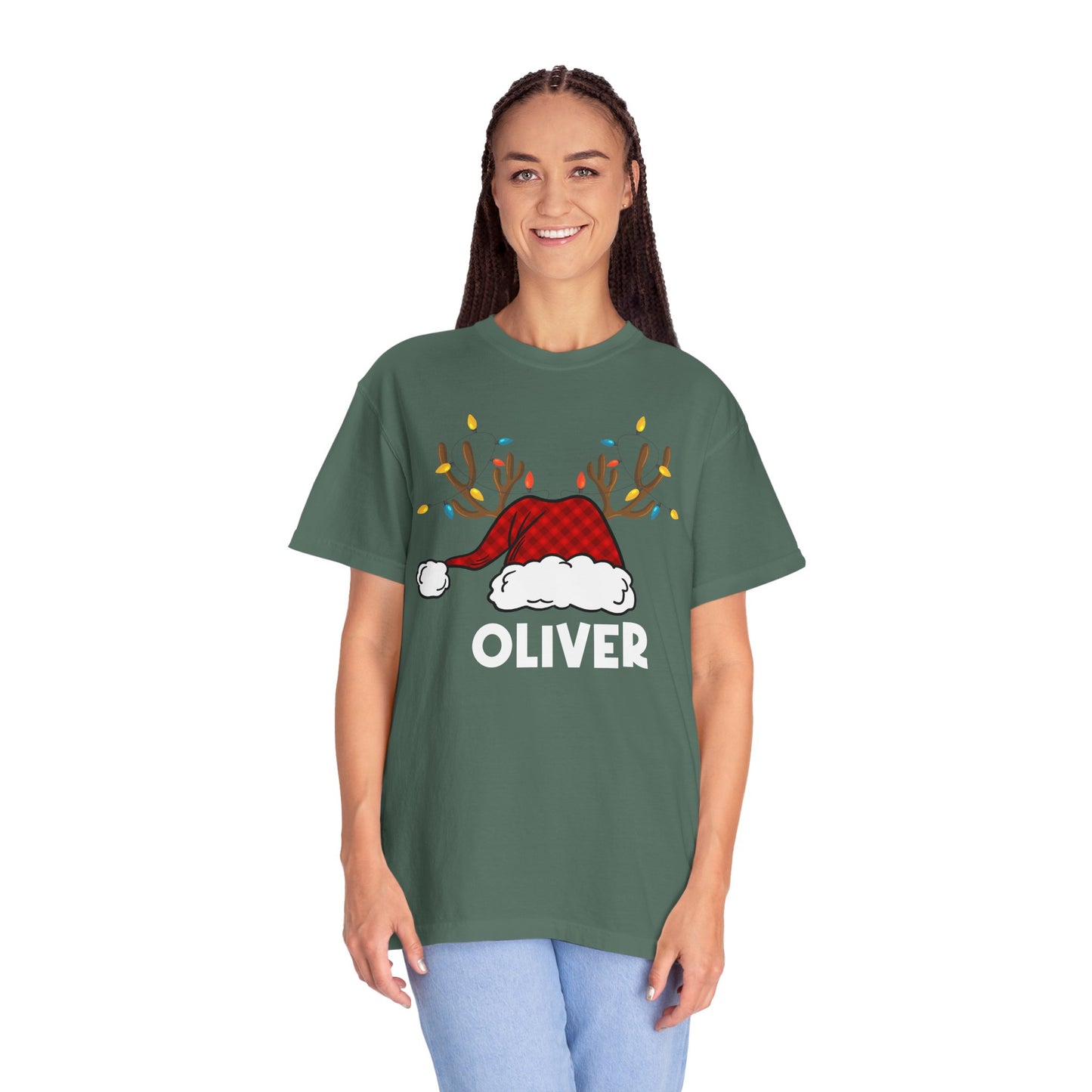 Santa Hat with Reindeer Christmas Tee | Personalized Christmas Sweatshirt | Kids Holiday Shirt | Winter Family Matching