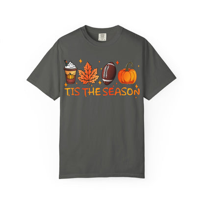 Tis The Season autumn icons T-shirt | coffee leaf football pumpkin