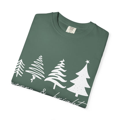 Merry & Bright Holiday Shirt | Retro Merry Christmas Holiday Tees | Xmas Winter Outfit | Christmas Trees T-shirt | Womens Festive Holiday