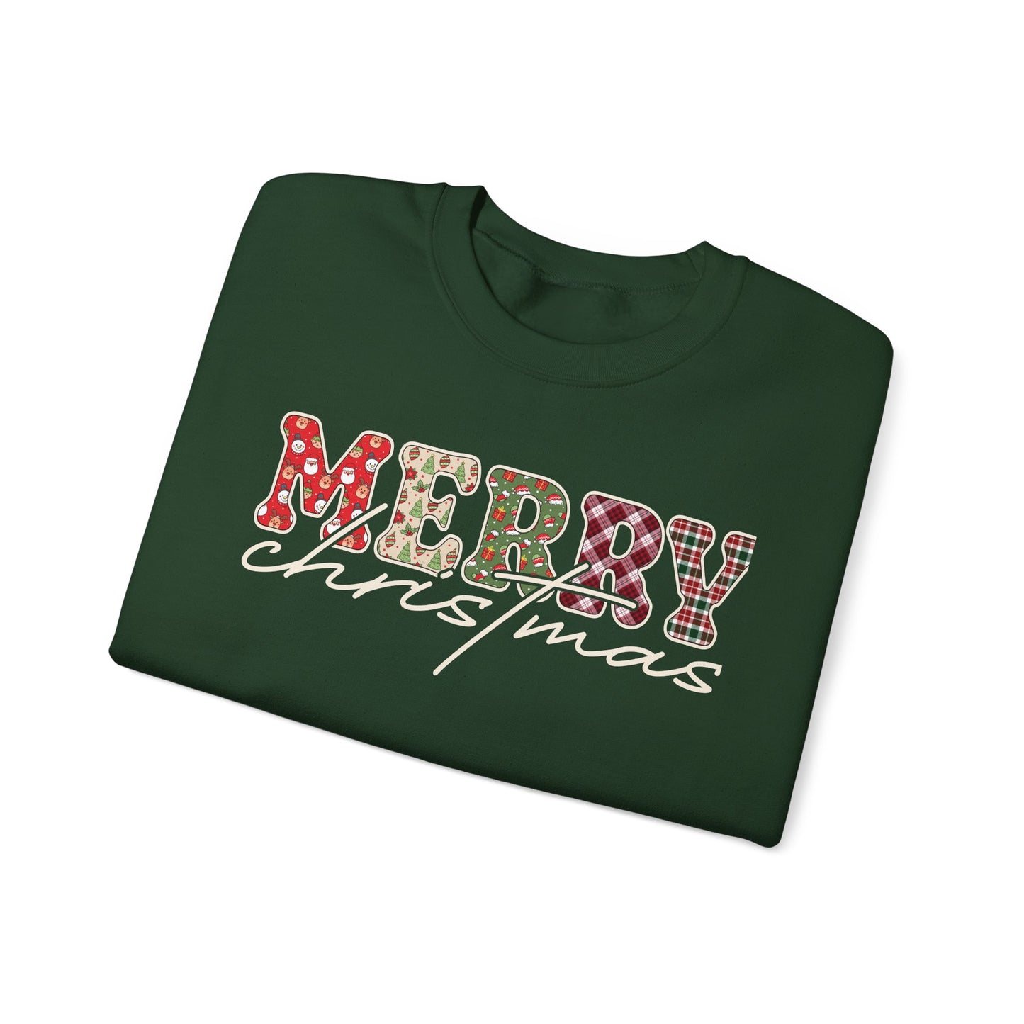 Plaid "Merry" Christmas Sweatshirt | Cute Winter Holiday Sweater | Patchwork Merry Christmas | Red and Green Plaid, Festive Crewneck