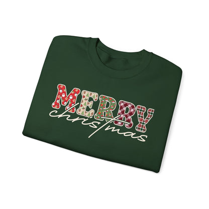 Plaid "Merry" Christmas Sweatshirt | Cute Winter Holiday Sweater | Patchwork Merry Christmas | Red and Green Plaid, Festive Crewneck