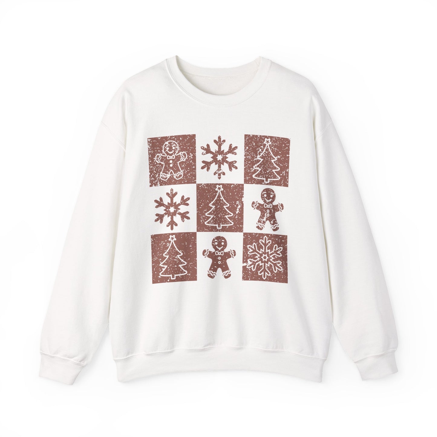 Checkered Gingerbread Sweatshirt | Retro Tree, Snowlake & Gingerbread Sweater for Men | Distressed Christmas Sweatshirt