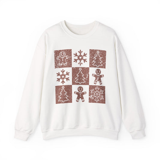 Checkered Gingerbread Sweatshirt | Retro Tree, Snowlake & Gingerbread Sweater for Men | Distressed Christmas Sweatshirt
