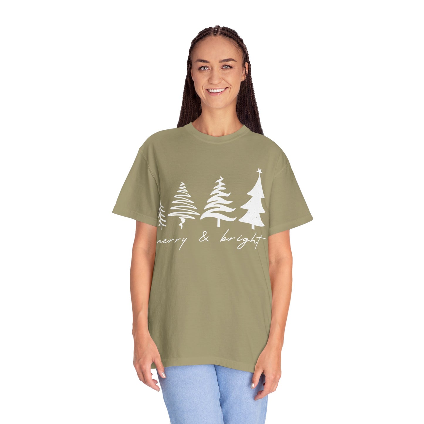 Merry & Bright Holiday Shirt | Retro Merry Christmas Holiday Tees | Xmas Winter Outfit | Christmas Trees T-shirt | Womens Festive Holiday