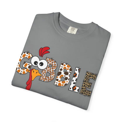 Gobble Turkey Graphic T-shirt | Thanksgiving Turkey Shirt, Leopard Print Letters