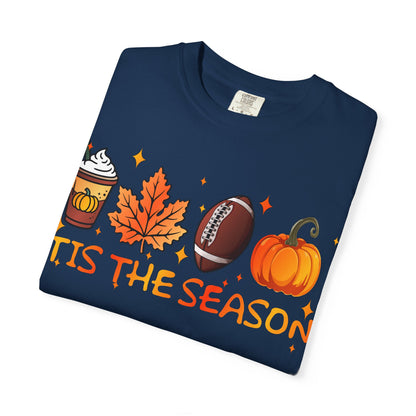 Tis The Season autumn icons T-shirt | coffee leaf football pumpkin