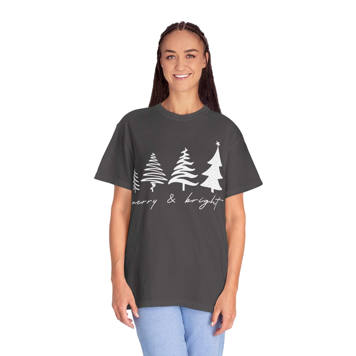 Merry & Bright Holiday Shirt | Retro Merry Christmas Holiday Tees | Xmas Winter Outfit | Christmas Trees T-shirt | Womens Festive Holiday