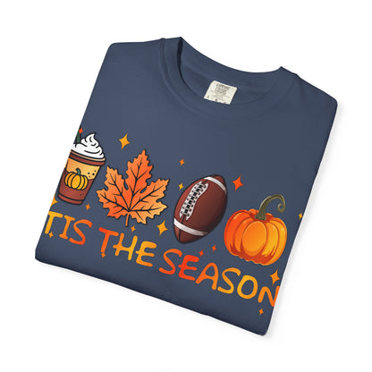 Tis The Season autumn icons T-shirt | coffee leaf football pumpkin