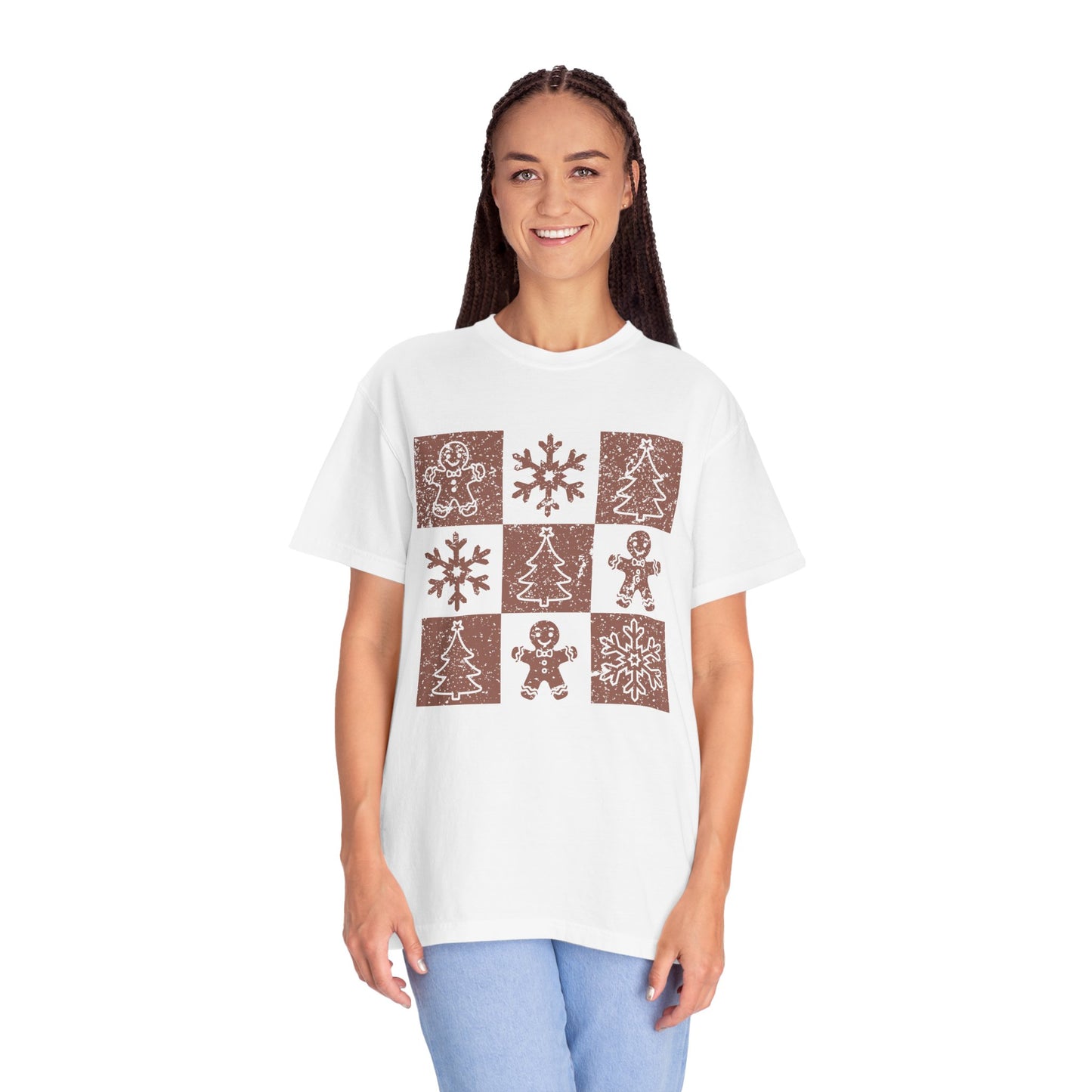 Checkered Gingerbread T-shirt | Retro Tree, Snowlake & Gingerbread tees for Women | Distressed Christmas Shirt | Funny Christmas Outfit