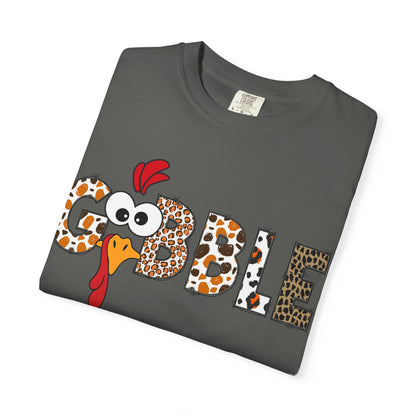 Gobble Turkey Graphic T-shirt | Thanksgiving Turkey Shirt, Leopard Print Letters