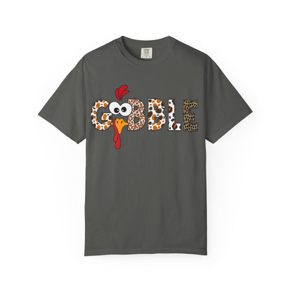 Gobble Turkey Graphic T-shirt | Thanksgiving Turkey Shirt, Leopard Print Letters