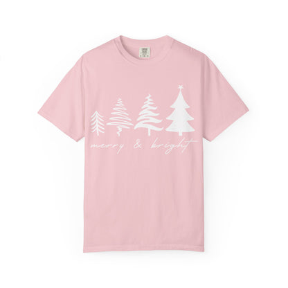 Merry & Bright Holiday Shirt | Retro Merry Christmas Holiday Tees | Xmas Winter Outfit | Christmas Trees T-shirt | Womens Festive Holiday