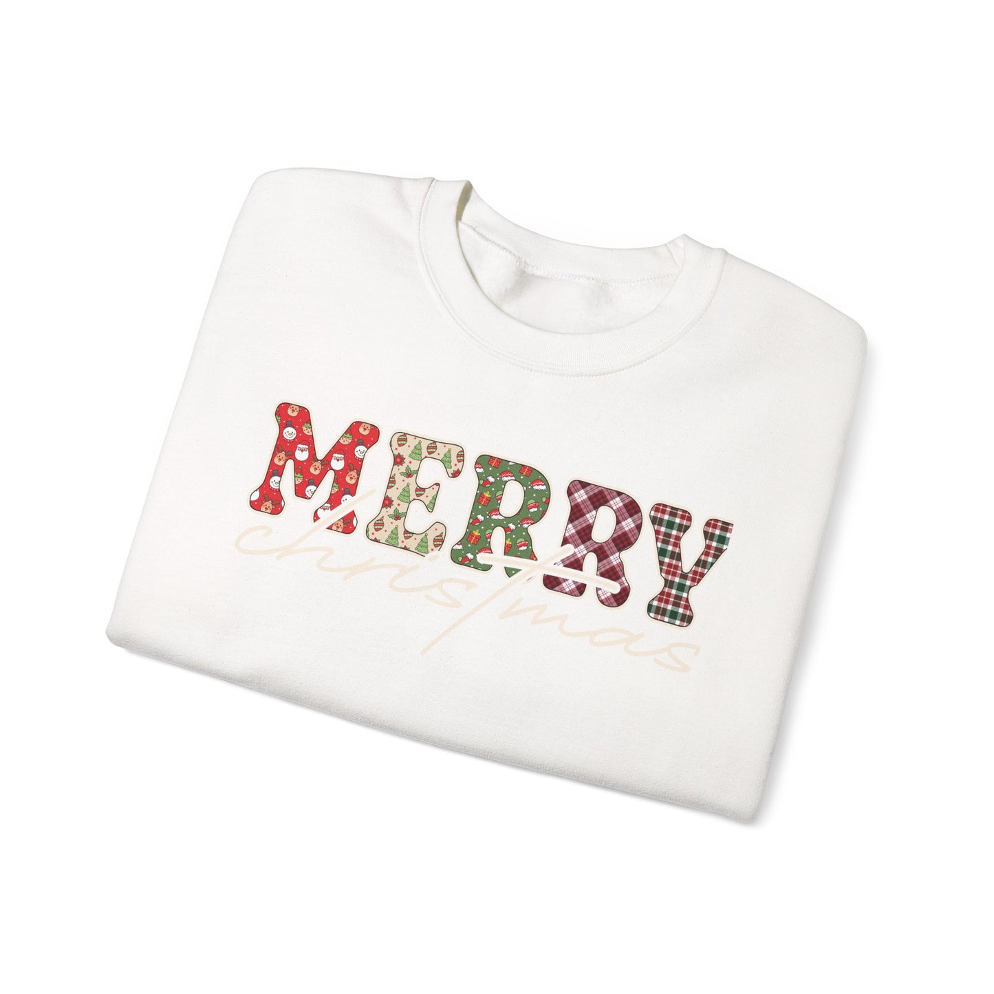 Plaid "Merry" Christmas Sweatshirt | Cute Winter Holiday Sweater | Patchwork Merry Christmas | Red and Green Plaid, Festive Crewneck