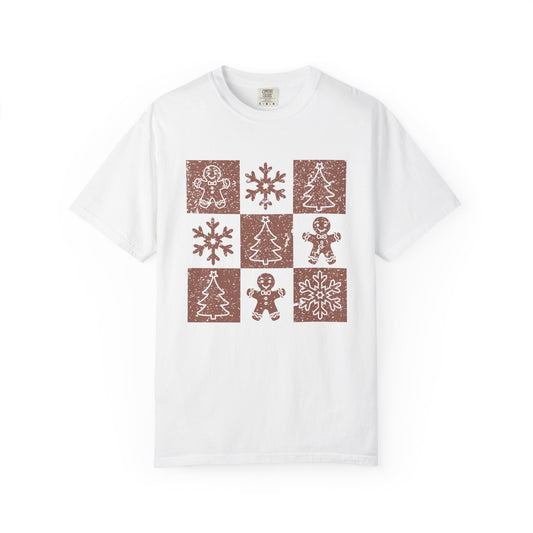 Checkered Gingerbread T-shirt | Retro Tree, Snowlake & Gingerbread tees for Women | Distressed Christmas Shirt | Funny Christmas Outfit