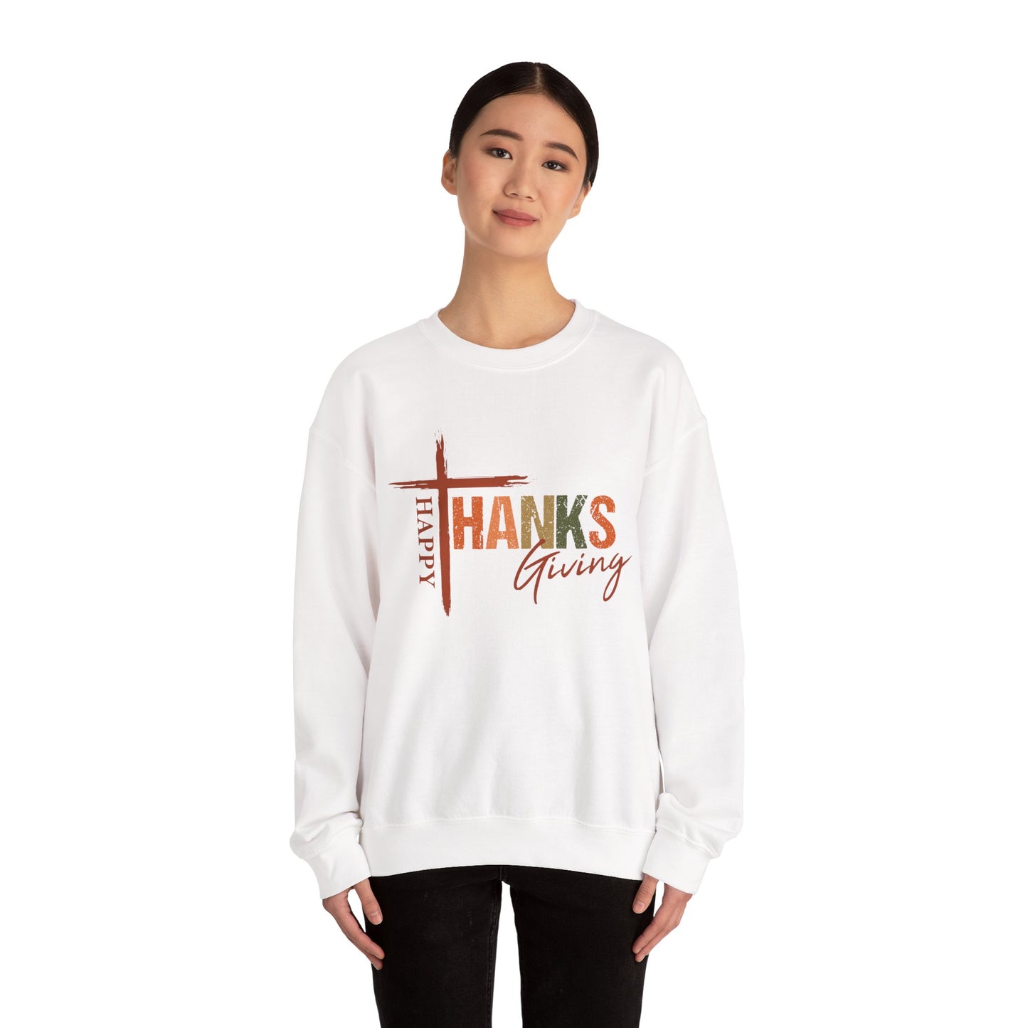 Happy Thanksgiving Cross Typography Sweatshirt | Thanksgiving Sweatshirt