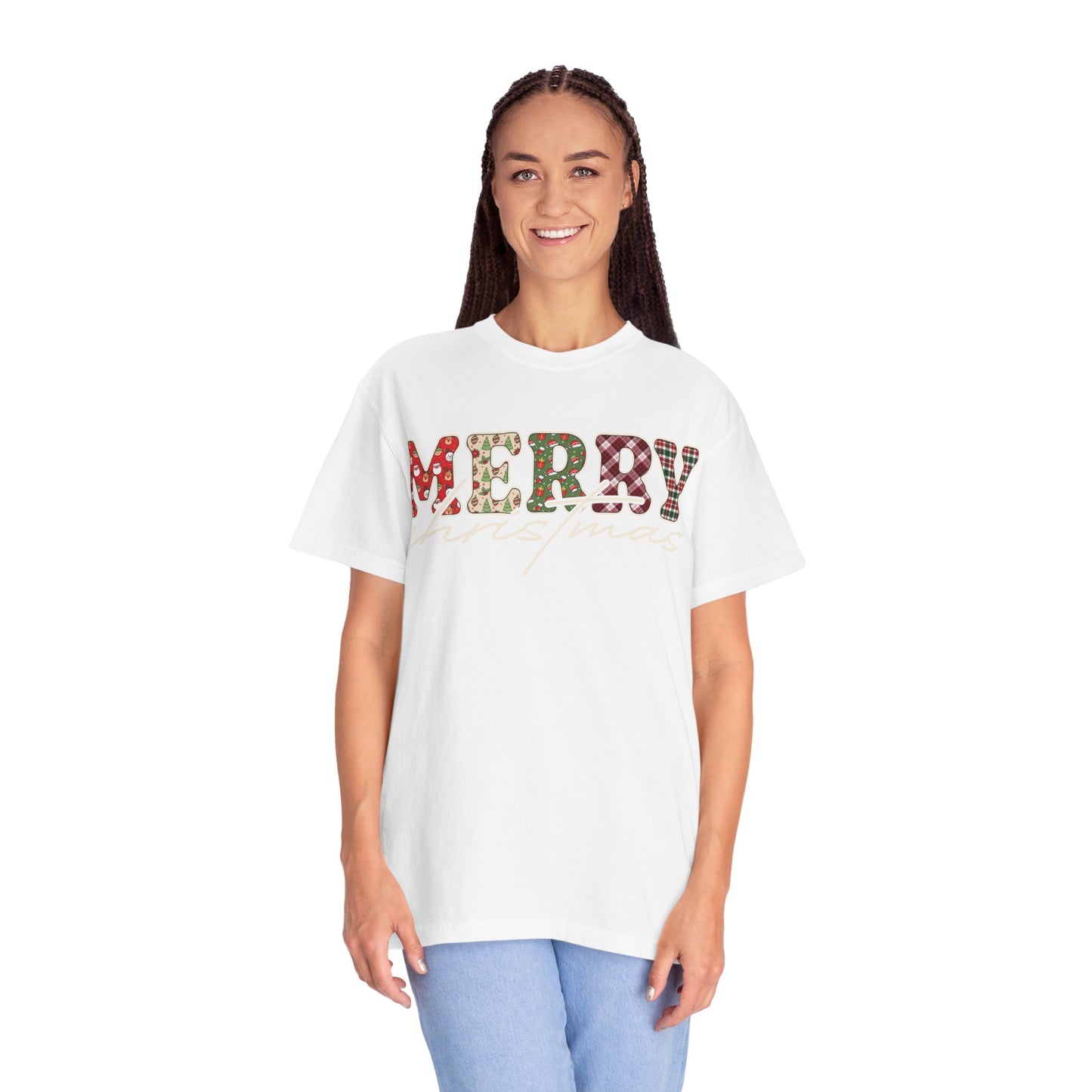 Plaid "Merry" Christmas T-shirt | Cute Winter Holiday Tees | Patchwork Merry Christmas Shirt | Red and Green Plaid, Festive Crewneck